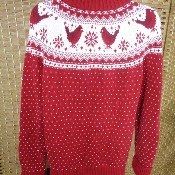 Talbots Red Full Zip Cardigan Sweater Nordic Fair Isle Cardinals Cotton - Picture 8 of 12